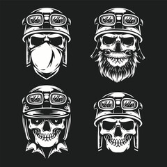 set of black and white skull biker head logo