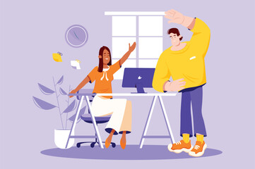 Exercise on workplace violet concept with people scene in the flat cartoon style. Two colleagues perform physical exercises at the workplace. Vector illustration.