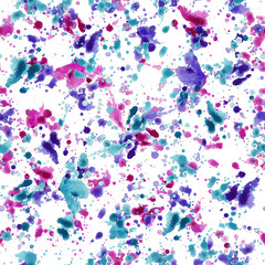 Abstract watercolor background, splashes in blue, purple and hot pink on a white background