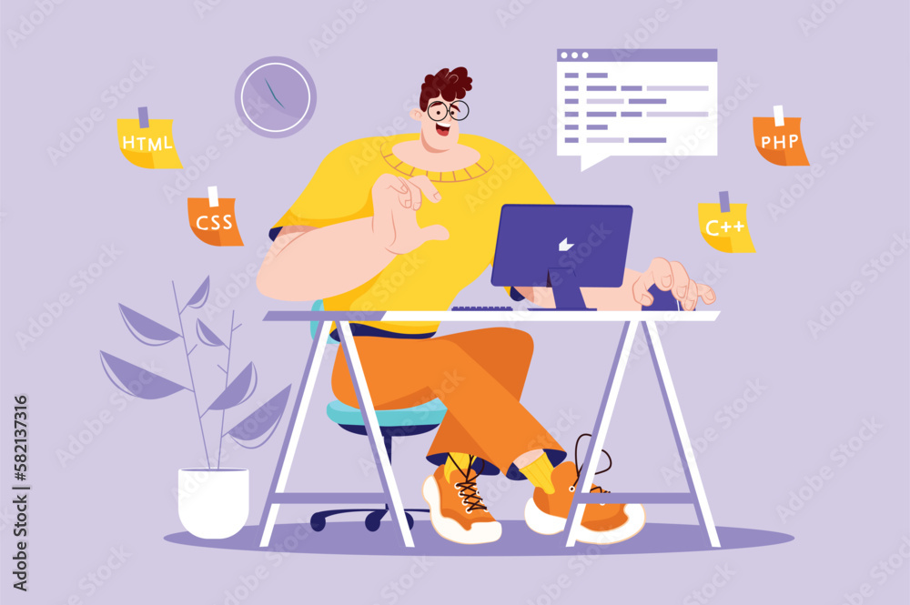 Poster programming violet concept with people scene in the flat cartoon style. a programmer works at a comp