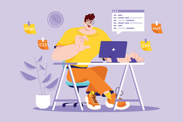 Programming violet concept with people scene in the flat cartoon style. A programmer works at a computer and writes code for programs. Vector illustration.