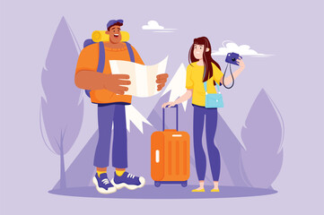 Travel violet concept with people scene in the flat cartoon design. A young couple with suitcases go on a long trip. Vector illustration.