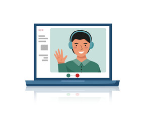 Computer video call with man, online communication. Using laptop. Technology concept.	
