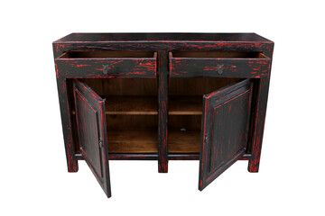 Red and black rustic double cabinet two draws and two doors. Classic furniture. Vintage interiors. Chinese style.
