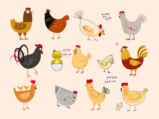 Set of chicken, rooster, hen poultry farm animal icon character hand drawn vector illustration.