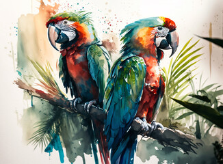 Macaws under sunlight with greenery.