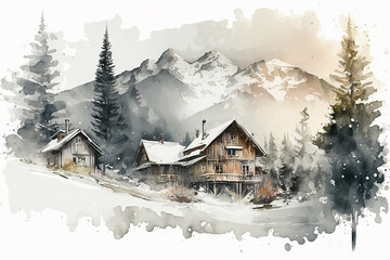 Winter mountain landscape with chalets.
