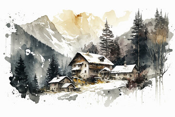 Winter mountain landscape with chalets.