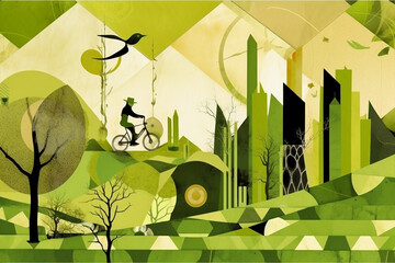 Fototapeta bike rider ina dreamlike retro vintage landscape, travel sustainable theme, generative ai illustration obraz