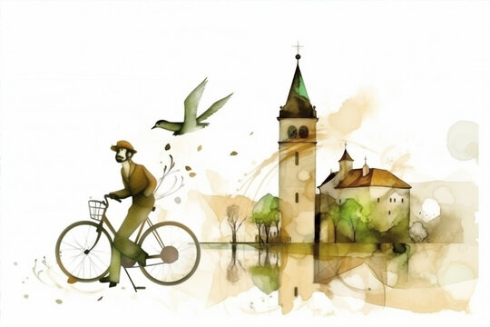 bike rider ina dreamlike retro vintage landscape, travel sustainable theme, generative ai illustration