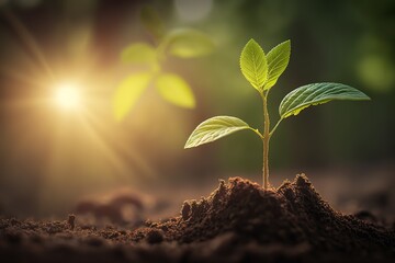 Young plant growing on nature view with sunlight background, generative AI