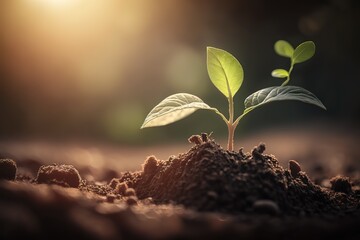 Young plant growing on nature view with sunlight background, generative AI