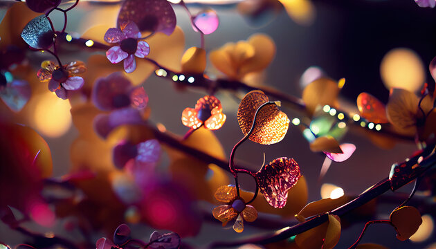 Magical Floral Construction Glowing Blossoms Macro Photography Bokeh Background AI Generative