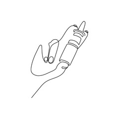 Obraz premium Hand holds nazal spray bottle. One line art. Healthcare and medical concept. Hand drawn vector illustration.