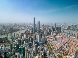Fototapeta na wymiar The drone aerial view of Lujiazui financial and trade zone, Pudong, Shanghai, China. 