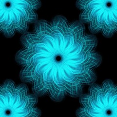 Modern futuristic neon blue geometric floral pattern design with circular flower at the center 