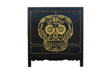 Black Gold skull art wardrobe cabinet with two doors and two drawers isolated on white background. Classic furniture. Vintage interiors. Mexico style.
