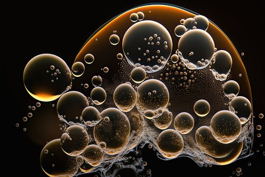 A mesmerizing close-up macro photograph of soap bubbles in various colors against a black background. Generated by AI.
