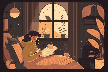 A flat-style illustration of a child reading a book in a cozy bedroom at night. Generated by AI.