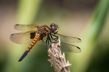 A stunning close-up photograph of a dragonfly perched on a branch. Generated by AI.