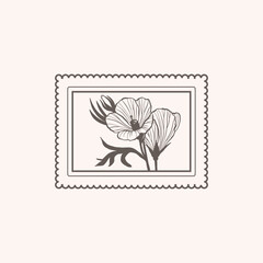 Minimalistic flower graphic sketch drawing, black icon, stamp, trendy tattoo design, floral botanic elements vector illustration.