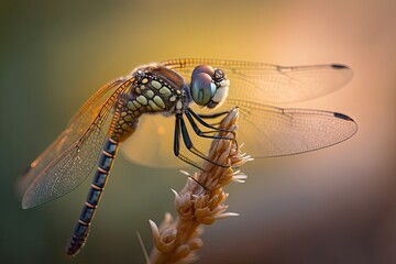 A stunning close-up photograph of a dragonfly perched on a branch. Generated by AI.