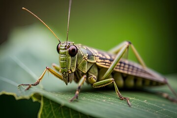 A striking close-up of a green grasshopper perched on a leaf, capturing its intricate details and textures. Generated by AI