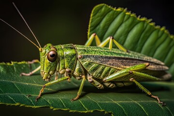Fototapeta premium A striking close-up of a green grasshopper perched on a leaf, capturing its intricate details and textures. Generated by AI