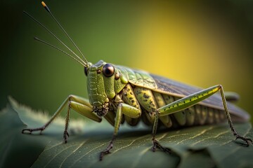 A stunning photograph of a green grasshopper resting on a leaf, with vibrant colors and sharp details. Generated by AI.