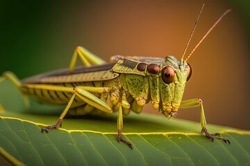 Fototapeta premium A stunning photograph of a green grasshopper resting on a leaf, with vibrant colors and sharp details. Generated by AI.