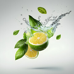 Fototapeta na wymiar Fresh juicy lime, mint leaves and splashes, splashes of water. Generative AI