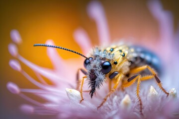 Macro shot of an insect on a flower petal with a blurred background. Generated by AI.