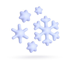 Vector 3d icon isolated on white background. Weather icon. set of blue snow, five snowflakes of different sizes. Vector illustration for postcard, icons, poster, banner, web, design, arts.
