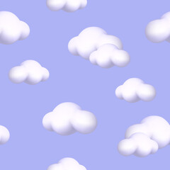 Seamless pattern with 3d white cloud on blue background. Vector illustration for postcard, icons, poster, banner, web, design, arts, print for packaging, fabrics, wallpapers.