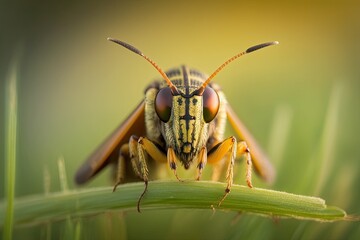 Macro shot of an insect perched on a blade of grass, with a blurred background. Generated by AI.