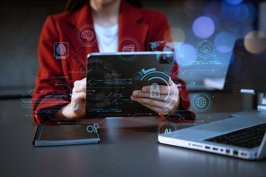 Network security. business using digital tablet and computer with digital padlock for data protection, internet technology networking and cyber security technology.