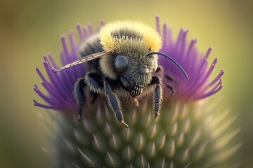 Close-up shot of a wasp on a thistle plant, showcasing the intricate details of nature. Generated by AI.