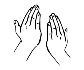 Male hands turned up in prayer drawn in line-art style. Vector illustration.