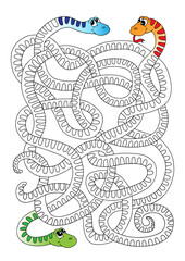 Labyrinth game for children, funny intertwined snakes