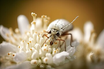 Close-up shot of an insect on a white flower, showcasing the beauty of nature. Generated by AI.