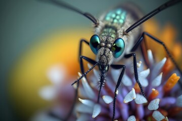 Fototapeta premium Macro shot of a mosquito on a flower, with blurred background. Generated by AI.