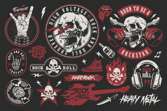 Hard rock set colorful emblems