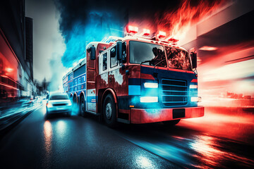 Fire engine driving fast on a road in an emergency. Fire truck with blue lights moving to fire. Generative AI