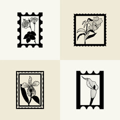 Minimalistic flower graphic sketch drawing, black icon, stamp, trendy tattoo design, floral botanic elements vector illustration.