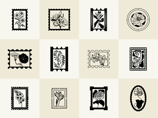 Minimalistic flower graphic sketch drawing, black icon, stamp, trendy tattoo design, floral botanic elements vector illustration.