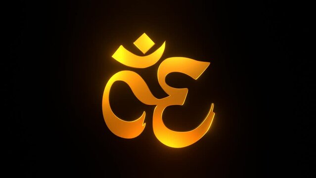 Rotating golden OM sign on a dark background, 3d animation