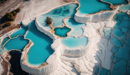 Aerial top view Pamukkale travertine pools, terraces with blue water. Concept travel landmark Turkey