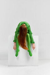 Avant-garde and experimental art style of human portrait. Beautiful woman with long glossy healthy...