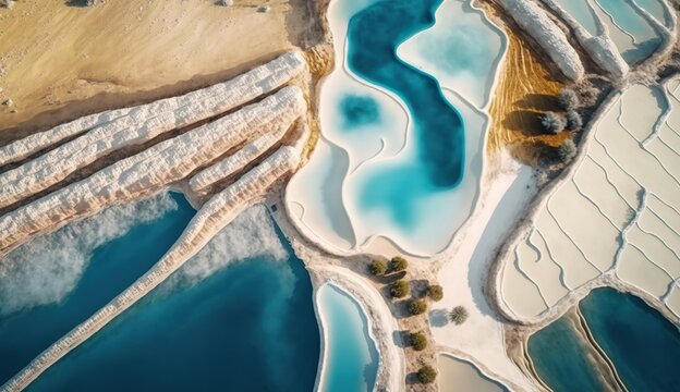 Aerial top view Pamukkale travertine pools, terraces with blue water. Concept travel landmark Turkey