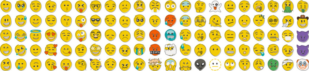 Hand drawn yellow emoji in flat shape style. Funny emoticons faces with facial expressions. Big set.